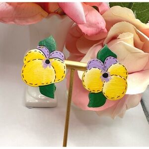 Vintage Hand Painted Flower Earrings Signed 1997 Yellow Purple Green Clip On